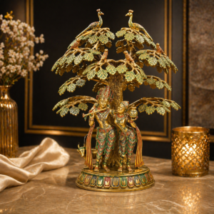Brass Radha Krishna Tree Sculpture with Peacocks
